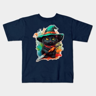 DANGEROUS BLACK CAT WITH WITCH HAT Kids T-Shirt